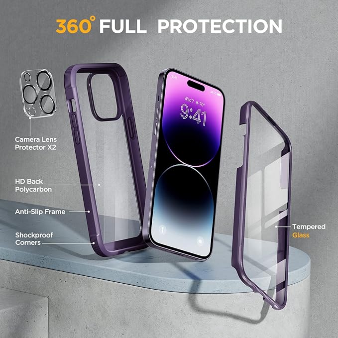 Miracase Glass Series Designed for iPhone 14 Pro Case 6.1 Inch, Upgrade Full-Body Bumper Case with Built-in 9H Tempered Glass Screen Protector, with Camera Lens Protector, Dark Purple