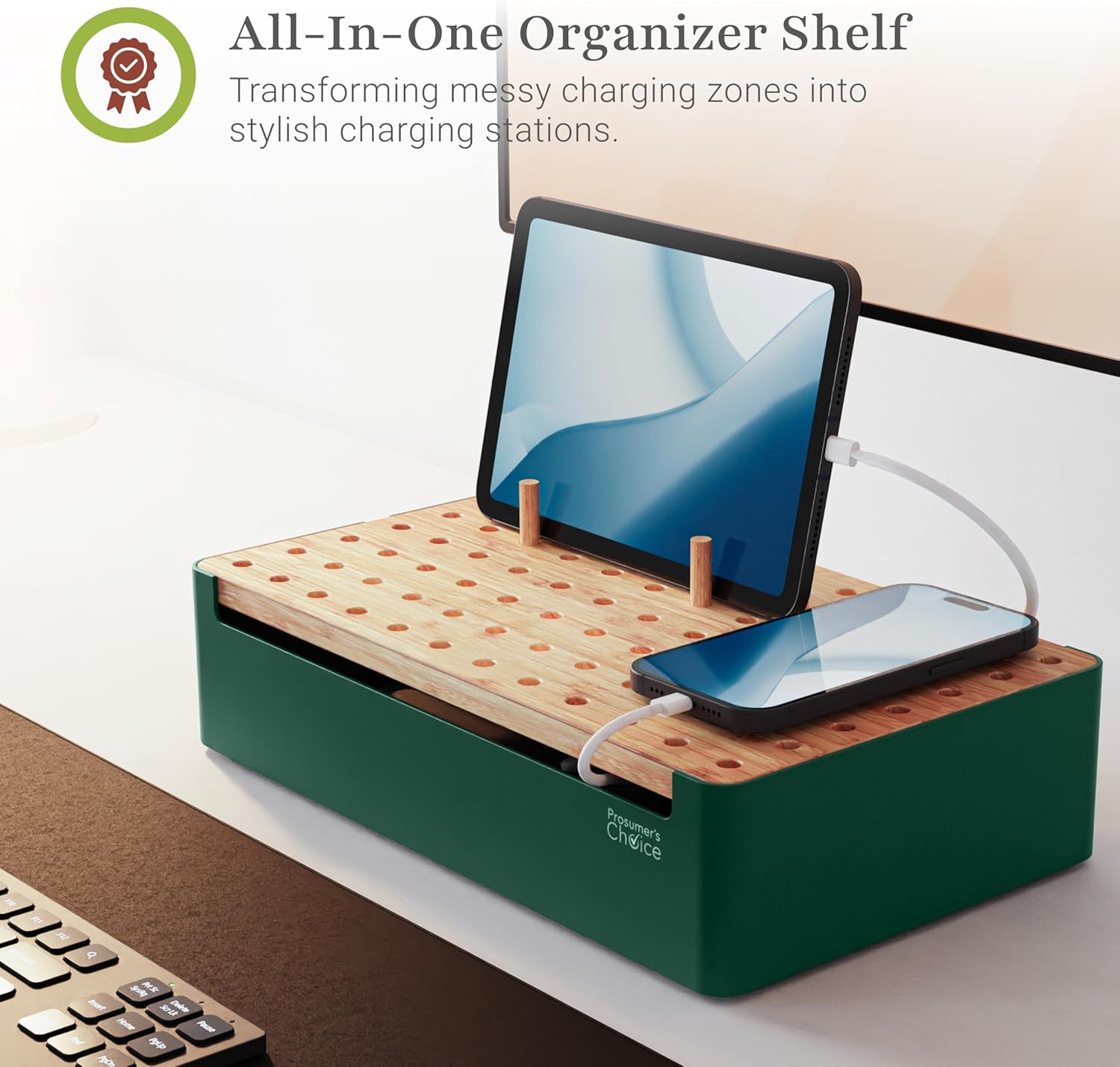 Prosumer's Choice Bamboo Charging Station - Multi Charger Station Organizer - Desk Docking Station for Phones, Tablets, Laptop - Wooden Charging Station with Removable Dividers - Cables Not Included