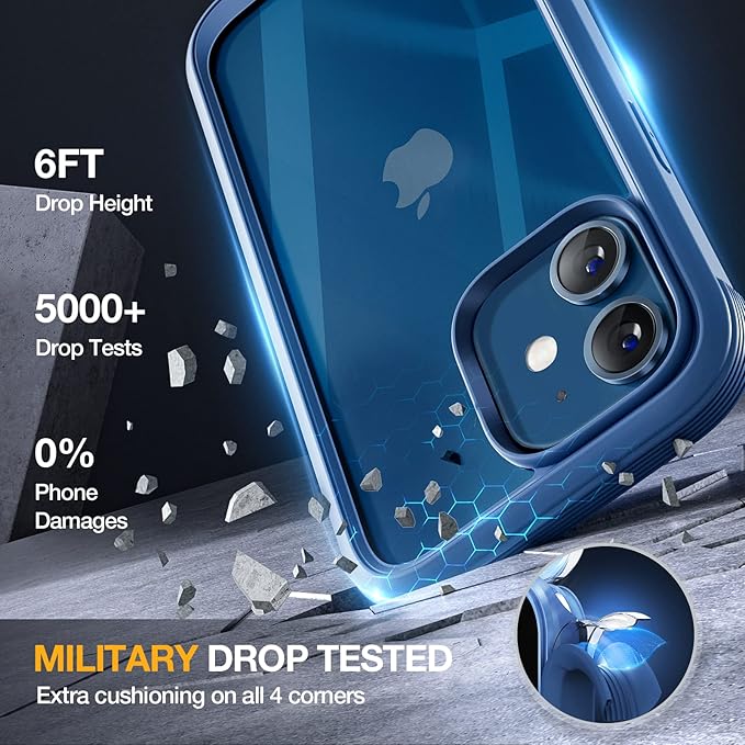 Miracase Glass Series for iPhone 12/12 Pro Case 6.1 inch, Upgraded Full-Body Rugged Phone Bumper Case Cover with Built-in 9H Tempered Glass Screen Protector and Camera Protector, Blue