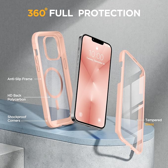 Miracase Magnetic Glass for iPhone 13 Pro Case,Compatible with MagSafe,Full-Body Bumper with Shockproof Military-Grade,Built-in 9H Tempered Glass Screen Protector for iPhone 13 Pro,Pink