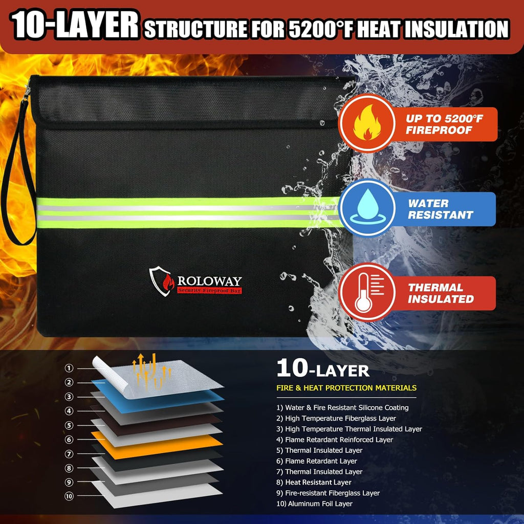 ROLOWAY Fireproof Document Bag (14 x 11 inch) with 5200℉ Upgraded Aluminum Foil Layer, Fireproof Bag for Documents with Reflective Strip and Zipper (Black)