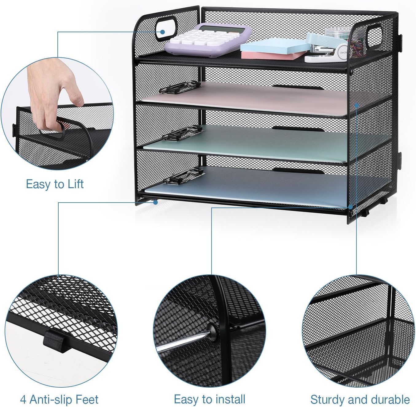 4-Tier Mesh Letter Tray Paper Organizer, Desk File Organizer with Handle - Black