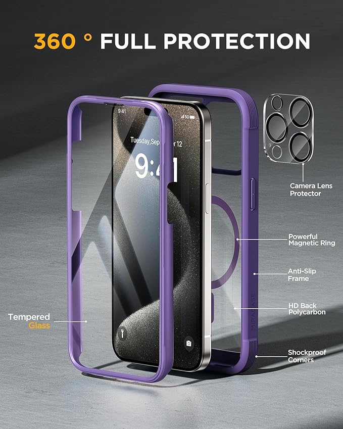 Miracase Magnetic for iPhone 15 Pro Case [Compatible with MagSafe] Full-Body Bumper Phone case with Built-in Glass Screen Protector& Camera Protector, Military Drop Proof 15 Pro Cover, Magnetic Purple
