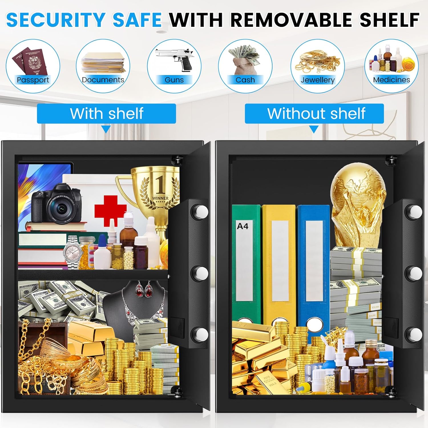 2.6 Cuft Safe Box, Steel Home Security Safe with Fireproof Waterproof Money Bag, Anti-Theft Safes for Home with Programmable Keypad Keys, Digital Safety Box for Documents Valuables Jewelry