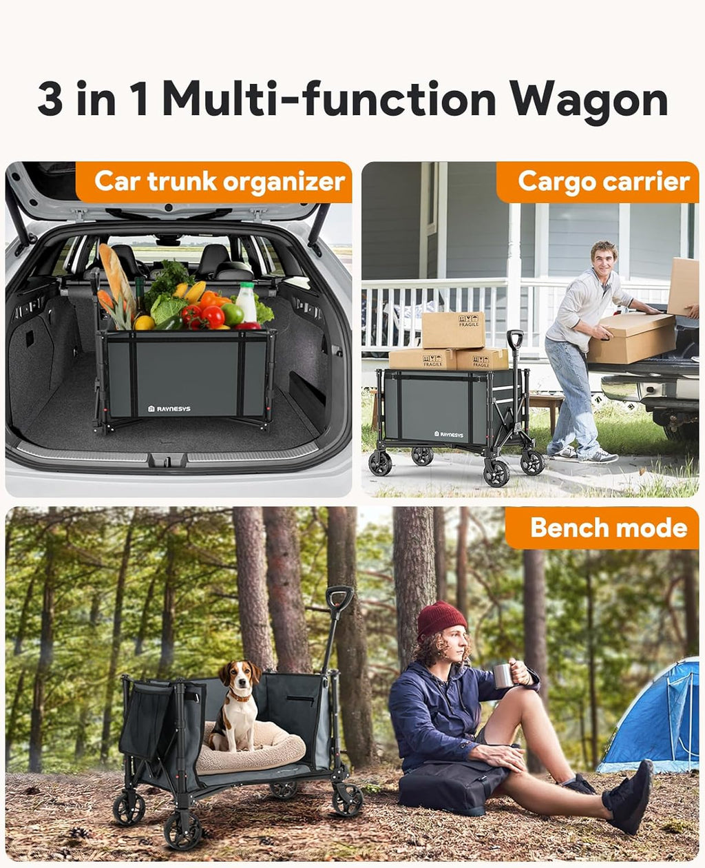 Collapsible Wagon Cart with Wheels 220lbs Foldable Wagon 120L Shopping Cart for Groceries Folding Utility Wagon for Beach, Garden, Camping, Sport, Apartment, Wheelbarrows, Gray