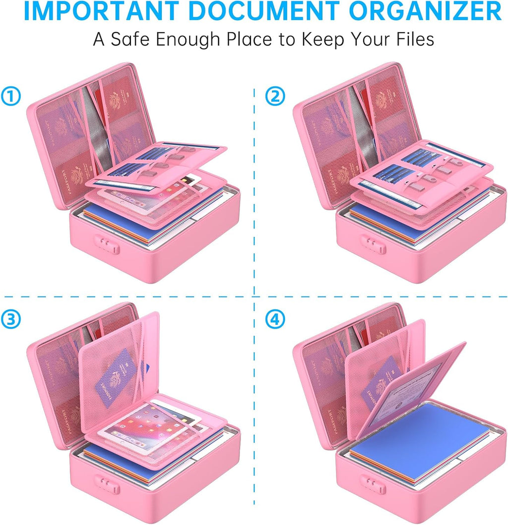 ENGPOW 5200°F Fireproof Document Bag with Lock, Upgraded Heat Insulated Fireproof＆Waterproof Box 8 Layers Document Organizer, Portable Home Travel Safe Storage Box for Important Files, Laptop, Pink