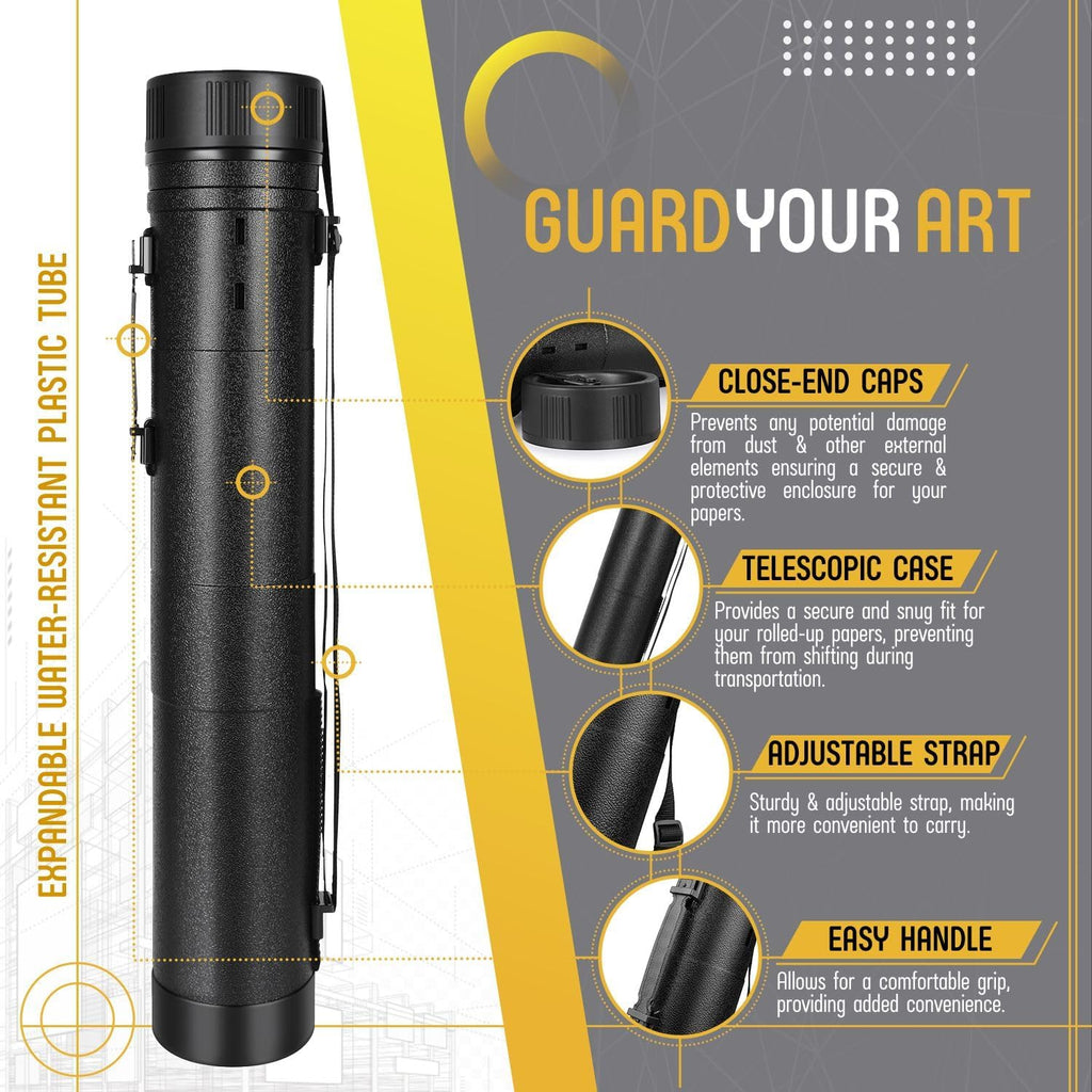 Flexzion Poster, Art, Document Tube with Strap, Expandable Waterproof Plastic Container, Telescoping Cylindrical Storage Case, Portable Paper Holder for Draft Sketch Blueprint, 4.7 IDx31.7-51.2 Inch