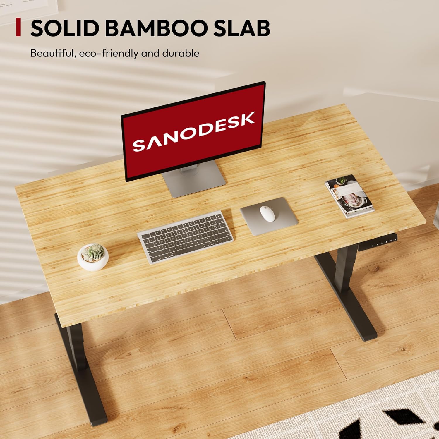 SANODESK 55 Inch 3 Stage Bamboo Electric Standing Desk, Dual Motor Height Adjustable Desk, Whole-Piece Desktop Sit to Stand Home Office Desk (Black Frame/ 55” x 28” Natural Bamboo Top)