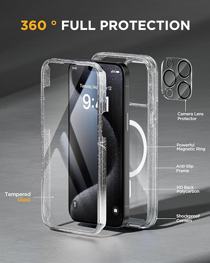 Miracase Magnetic for iPhone 12 Pro Max Case [Compatible with MagSafe] Full-Body Phone case with Built-in Glass Screen Protector& Camera Protector, Military Drop Proof 12 Pro Max Cover, Clear Glitter