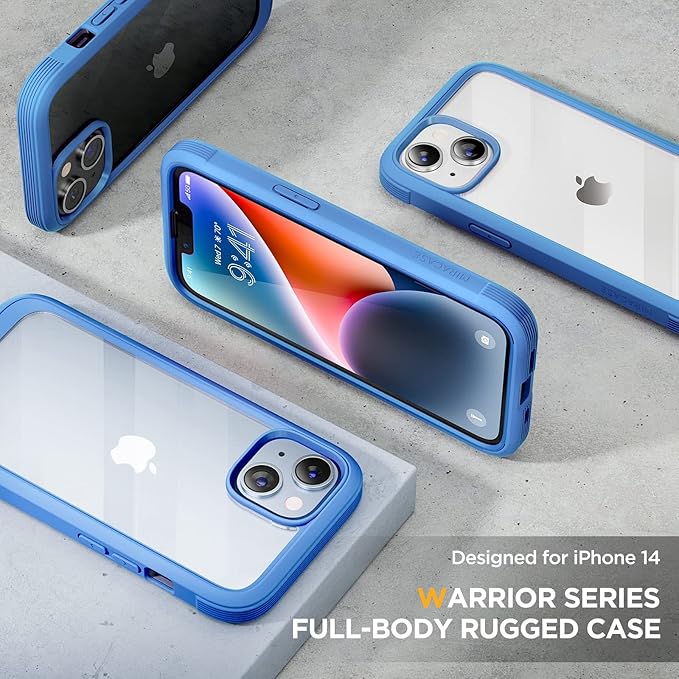 Miracase Glass Series for iPhone 14 Case 6.1 inch, [Built-in Tempered Glass Screen Protector] [Bubble Free] Full-Body Protective Bumper Phone Case with Camera Lens Protector, Blue