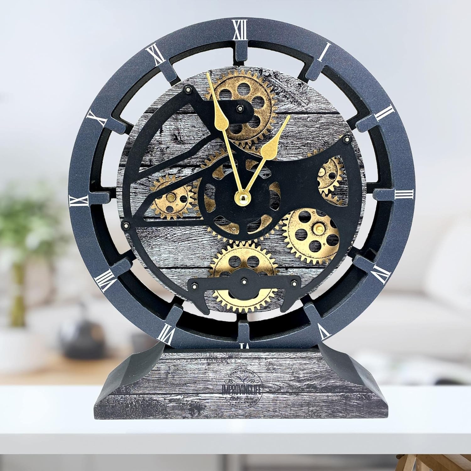 The Gears Clock Desk Clock 10 inches with Real Moving Gears Convertible into Wall Clock (Carbon Grey)