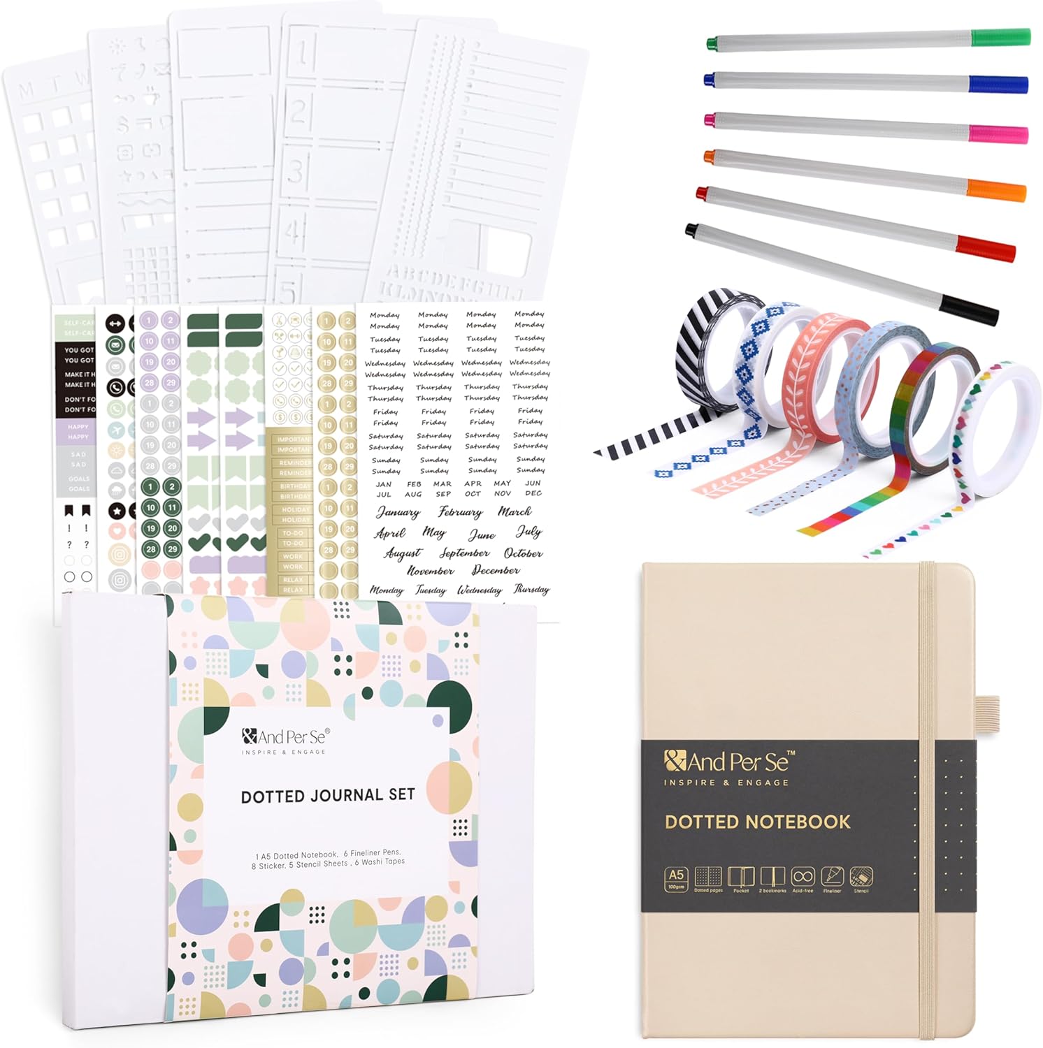 &And Per Se Dotted Journal Notebook Set, A5 Hardcover Dotted Journal (Light Apricot), 6 Fineliner Pens, 8 Sticker, 5 Stencil Sheets & 6 Washi Tapes, Journaling Supplies for Planner Schedule
