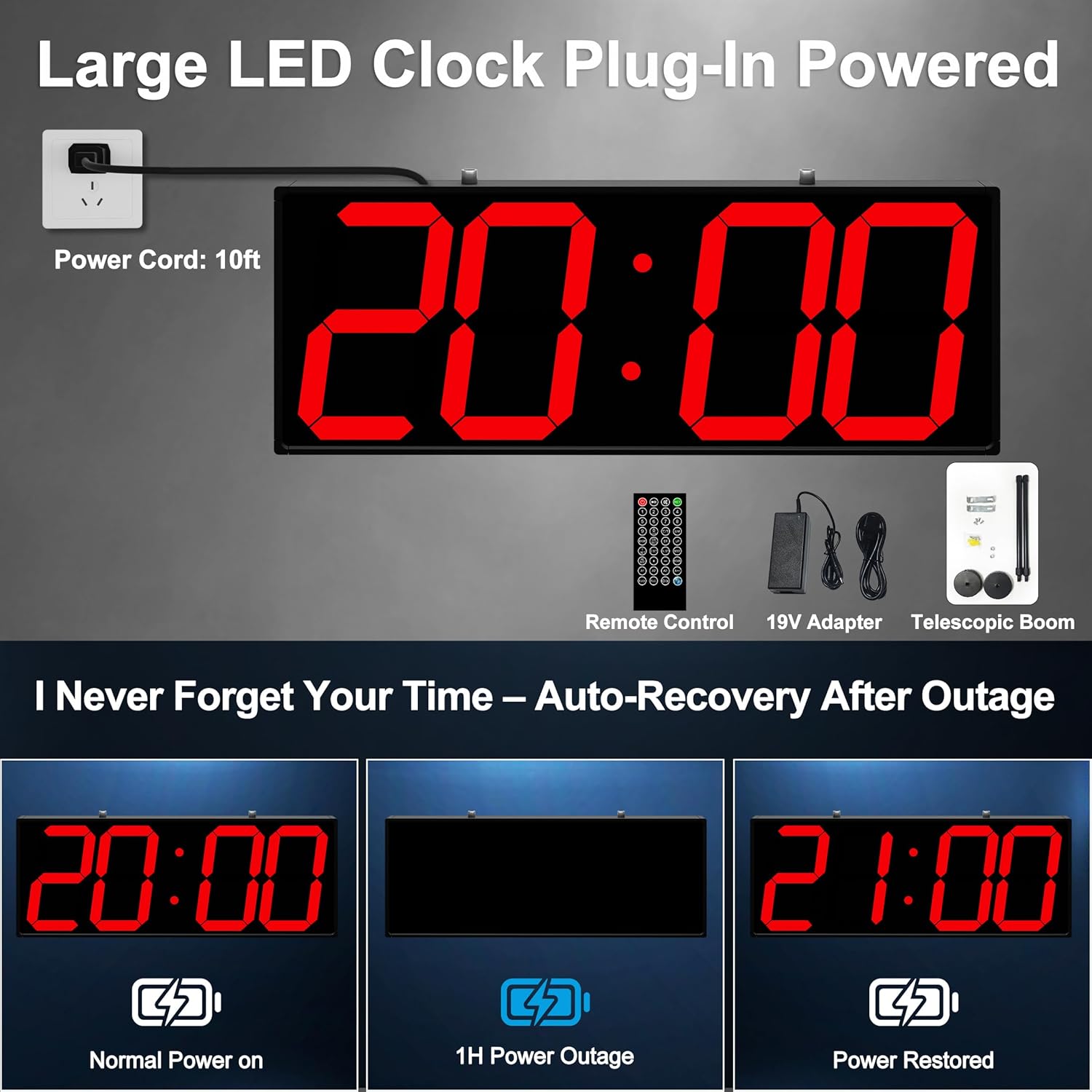 Digital Clock Large Display 19" with Remote Control,Double-Sided Clock, Suspended Design for Hospitals, Factories, Airports.