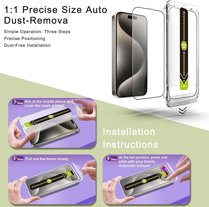 [2-Pack Ultra HD Clear Screen Protector for iPhone 16 Pro (6.3-Inch),9H Tempered Glass,Full Coverage,Anti-Fingerprint,Auto Dust Removal,Bubble-Free,Easy Installation