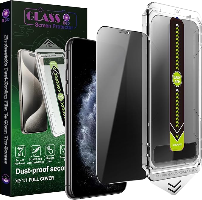 (2-Pack Anti-Spy Privacy Screen Protector for iPhone 11 Pro Max/XS Max(6.5-Inch),9H Tempered Glass,Full Coverage,Anti-Fingerprint,Auto Dust Removal,Bubble-Free,Easy Installation