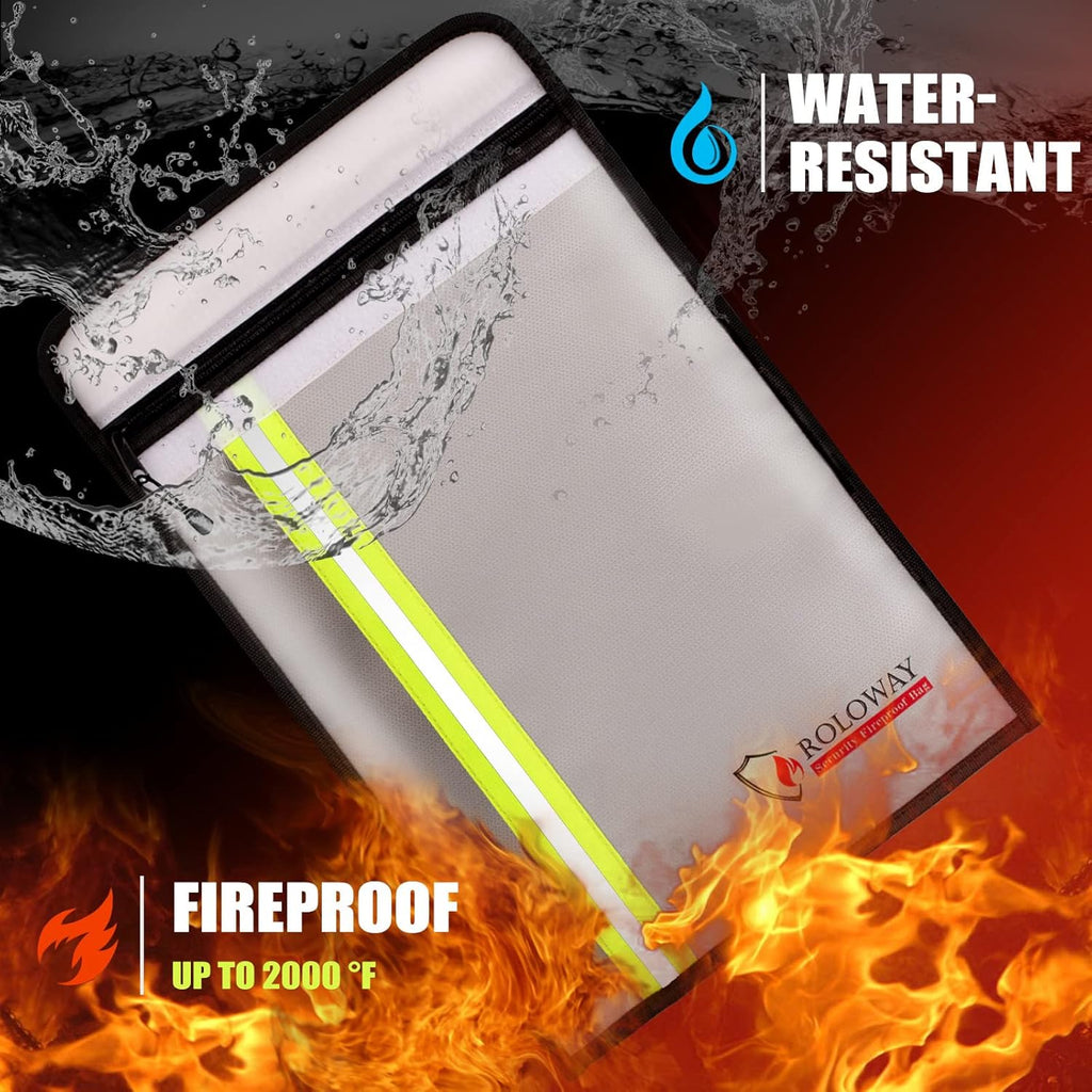 ROLOWAY Fireproof Document Bag (15 x 11 inch) with 2 Pockets, Fire Safe Envelope Bag for Cash, Legal Documents (Silver)