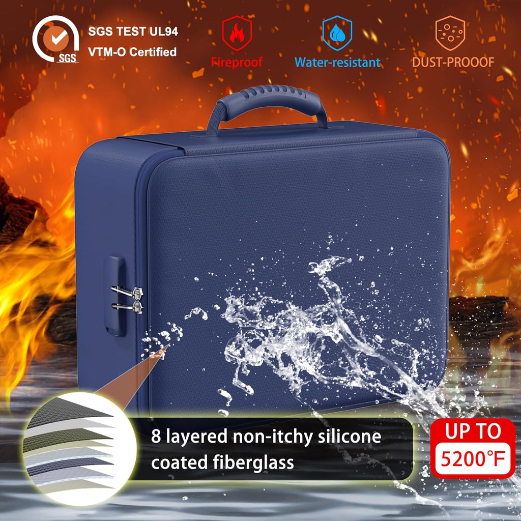 ENGPOW 5200°F Fireproof Document Bag with Lock, Upgraded Heat Insulated Fireproof＆Waterproof Box 8 Layers Document Organizer, Portable Home Travel Safe Storage Box for Important Files, Laptop, Blue