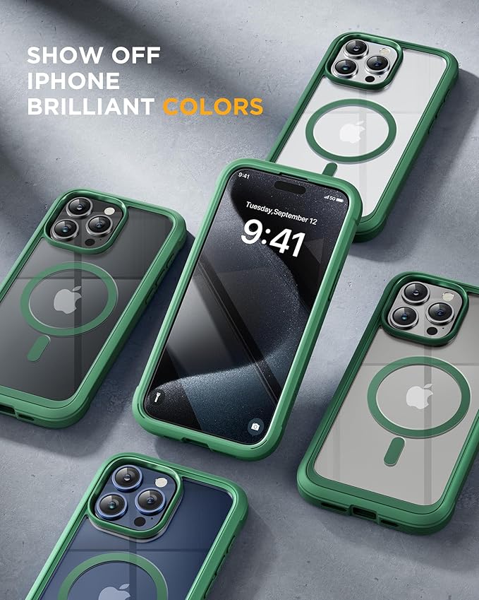 Miracase Magnetic for iPhone 15 Pro Case [Compatible with MagSafe] Full-Body Bumper Phone case with Built-in Glass Screen Protector& Camera Protector, Military Drop Proof 15 Pro Cover, Magnetic Green