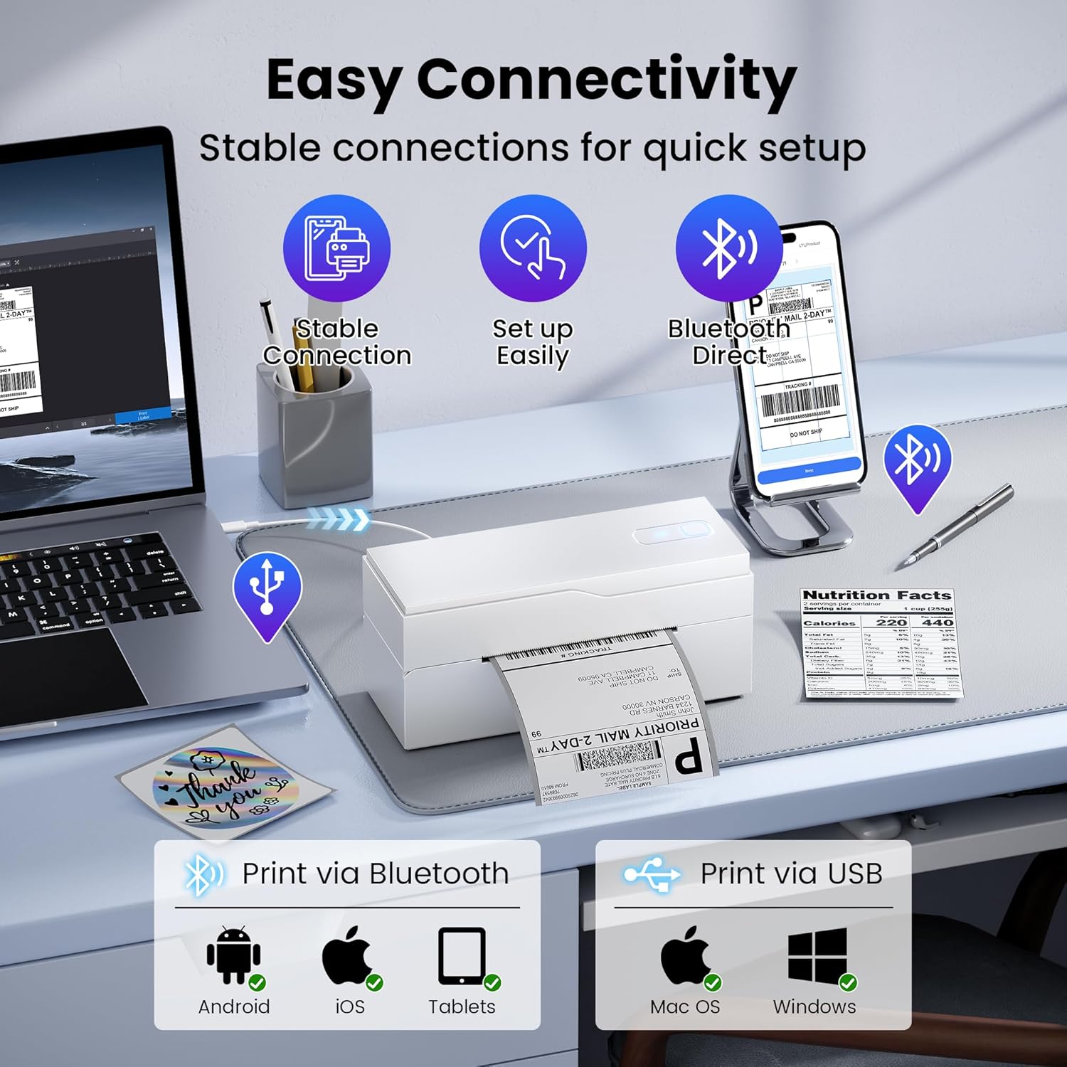 Bluetooth Thermal Label Printer – 4x6 Shipping Label Printer for Small Businesses & Shipping Packages, Compatible with Android, iPhone, and Windows, Ideal for Amazon, eBay, Shopify, Etsy (White)