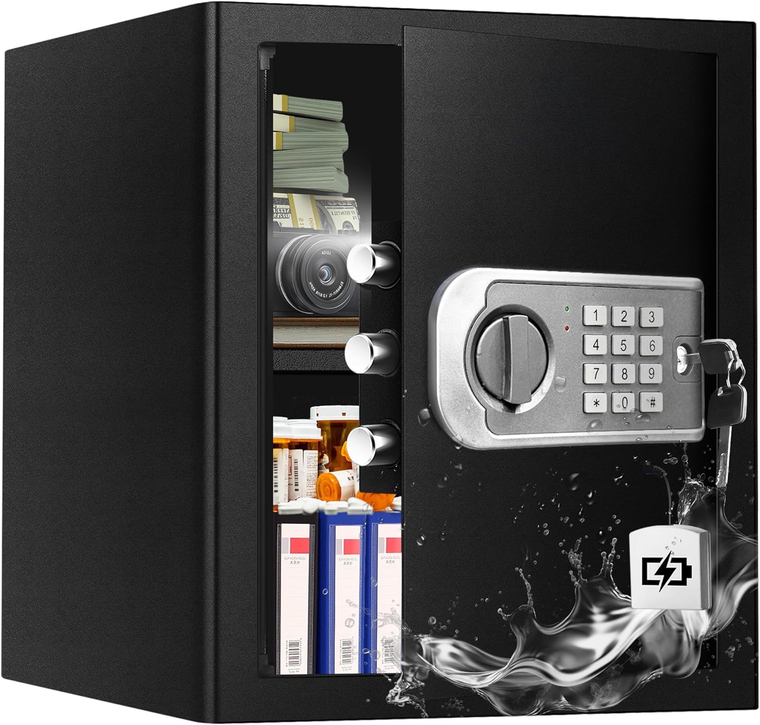 Large Safe Box for Home - 3.0 CuFt Heavy-Duty Cabinet with Motion Light & Dual Alarm, Digital Keypad & Override Key, Removable Shelf - Spacious Black Safe for Documents, Laptops, and More