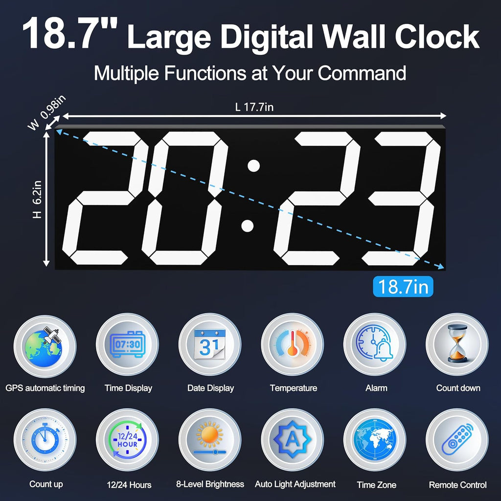 Digital Clock with Large Display 18.7 Inch, GPS Auto-Sync Time, Wall-Mounted with Remote Control, Ideal for Classroom Use