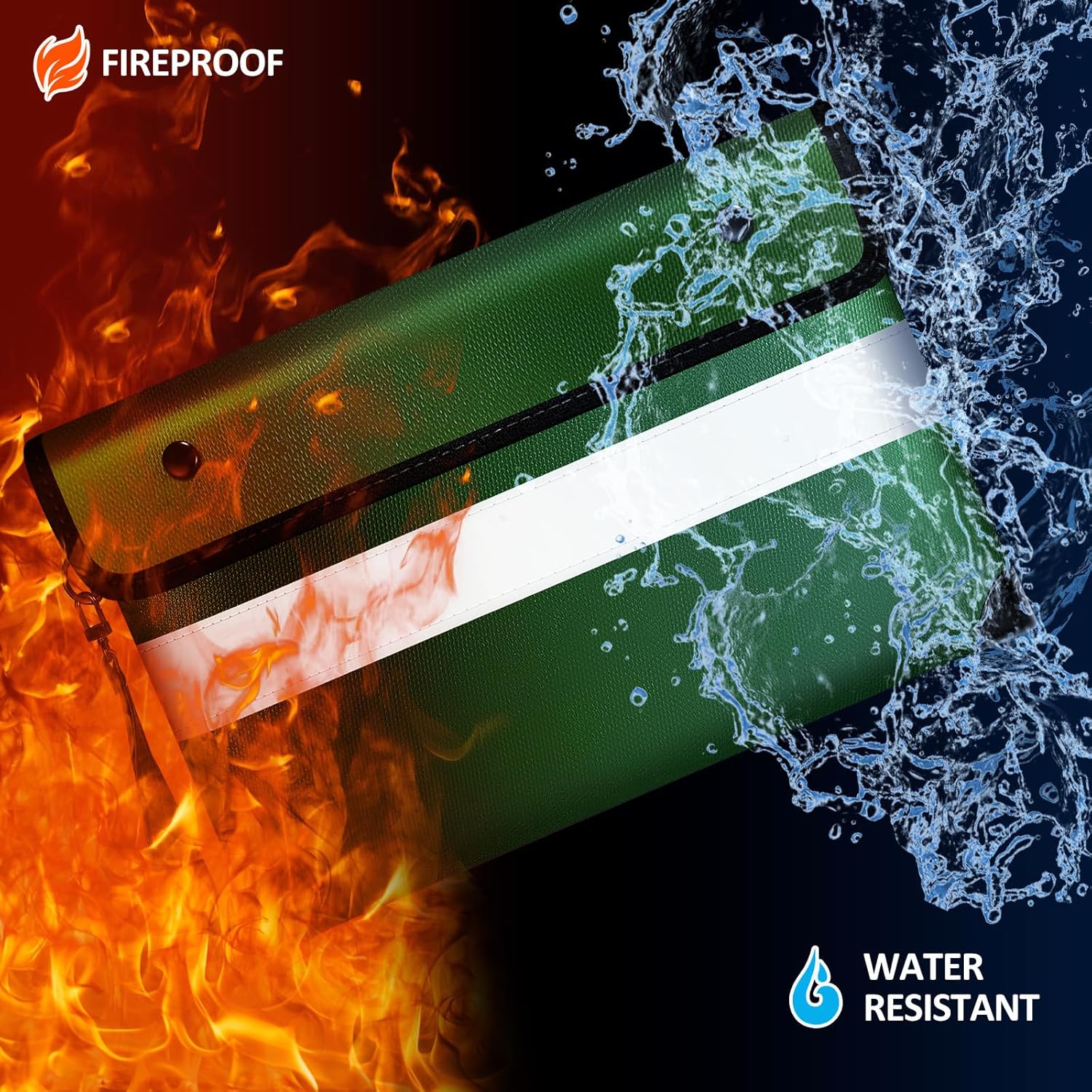 Vailoin Fireproof Money Bag for Cash, 6200℉ Insulated Fire and Waterproof Document Pouch with Water Resistant Zipper,Fireproof Envelopes for Important Documents, Valuables (11"x7.7",Green)