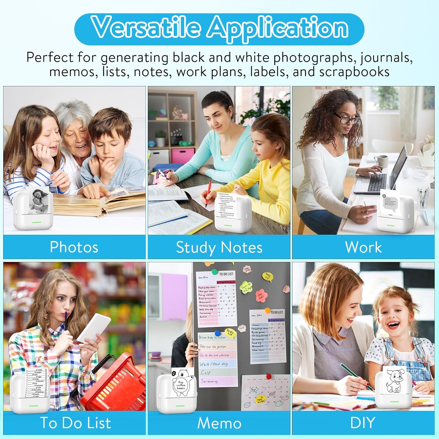 HuiJuKeJi Mini Sticker Printer Bluetooth Smart Pocket Inkless Thermal Printer with 11 Rolls Thermal Paper and Sticker for iOS&Android, Portable Receipt Printer for Photo Journal Notes Memo