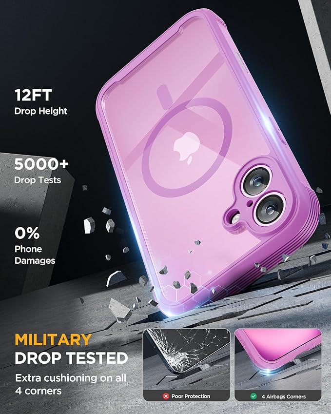 Miracase Magnetic for iPhone 16 Plus Case Full-Body Phone with Built-in Glass Screen Protector, [Compatible with MagSafe] Military Drop Proof 16 Plus Cover Bumper 6.7 inch, Pink