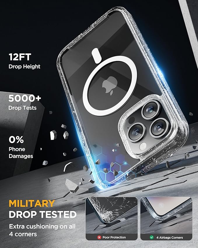 Miracase Magnetic for iPhone 12 Pro Max Case [Compatible with MagSafe] Full-Body Phone case with Built-in Glass Screen Protector& Camera Protector, Military Drop Proof 12 Pro Max Cover, Clear Glitter