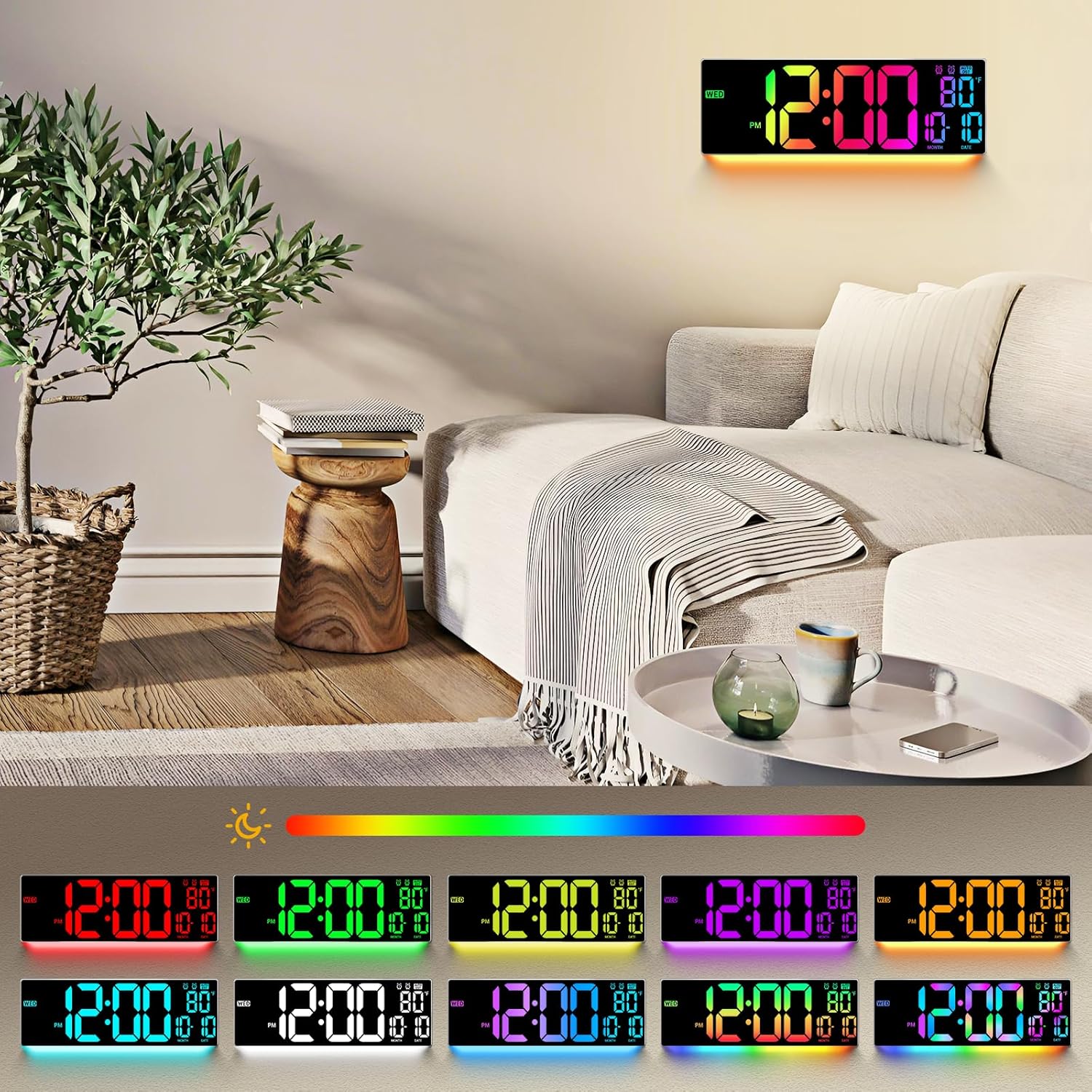 16.5" Large Digital Wall Clock: 11 RGB Colors Wall Mount Decor Clock for Living Room Bedroom Office Classroom, House Warming Gifts New Home Decor, Birthday Gifts for Men Women Gray