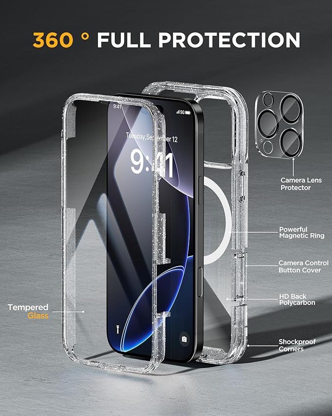Miracase Magnetic for iPhone 16 Pro Case Full-Body Phone with Built-in Glass Screen Protector, [Compatible with MagSafe] Military Drop Proof 16 Pro Cover Bumper 6.3 inch, Clear Glitter