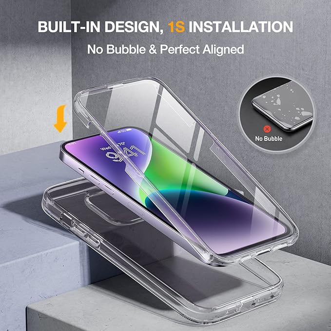 Miracase Class Series for iPhone 14 Case 6.1 inch, [Built-in Tempered Glass Screen Protector] [Bubble Free] Full-Body Protective Bumper Phone Case with Camera Lens Protector, Clear