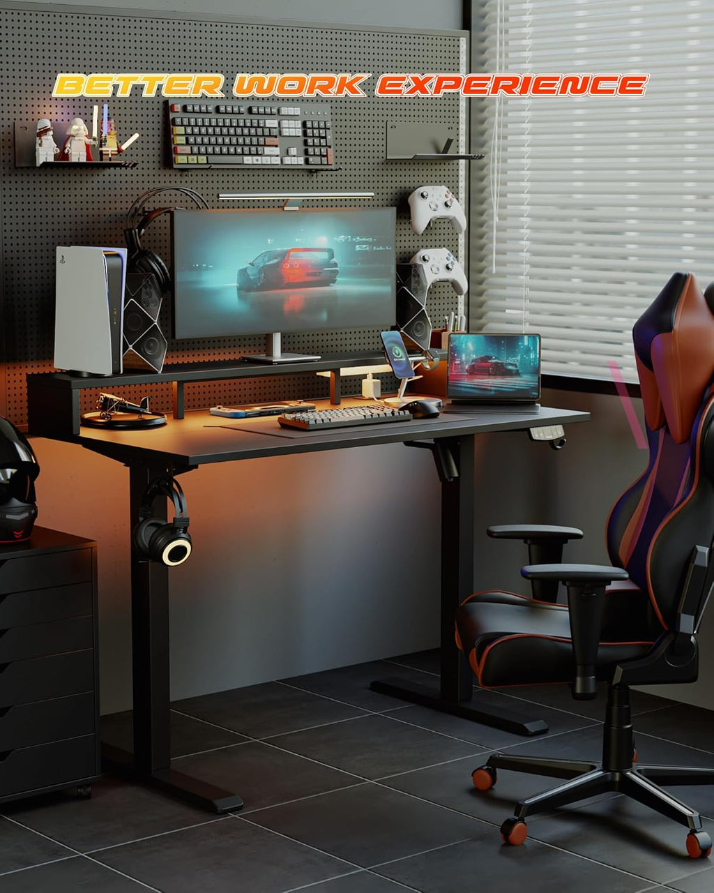 Electric Height Adjustable Standing Desk with Power Outlet and LED Light Strip, Sit to Stand, Ergonomic 48x24 Rising Desk with Memory Presets, Home Office Workstation, Computer Gaming Table, Black