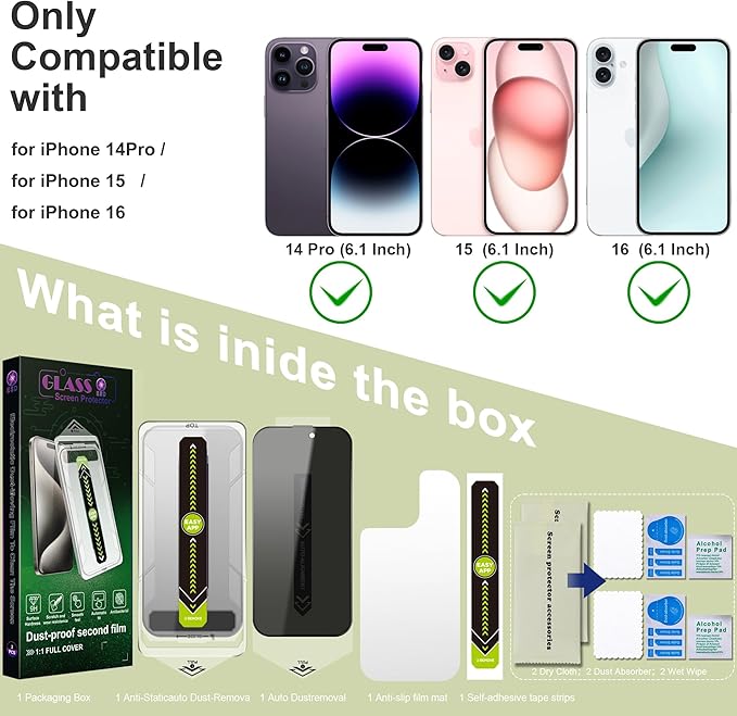 (2-Pack Anti-Spy Privacy Screen Protector for iPhone 14 Pro/15/16(6.1-Inch),9H Tempered Glass,Full Coverage,Anti-Fingerprint,Auto Dust Removal,Bubble-Free,Easy Installation