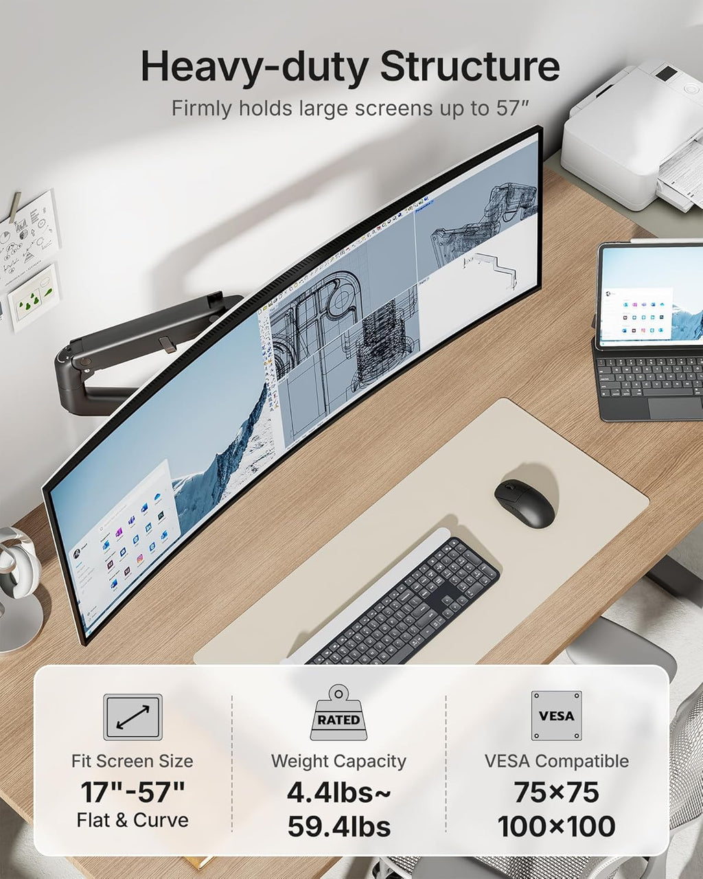 monTEK Single Monitor Arm with USB A/C, Ultrawide Monitor Stand for 17 to 57 Inch Curved Screen, Holds 59.4 lbs, Adjustable Gas Spring Arm, 75/100 VESA Mount, Clamp & Grommet Desk Mount, Black