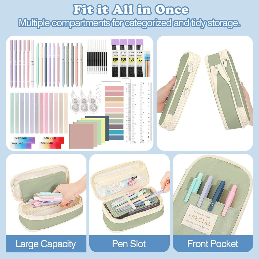 MoKo 60Pcs Aesthetic School Supplies with Cute Pencil Case,12 Pastel Highlighters,5 Black Ink Gel Pens,6 Mechanical Pencil Set 0.5 & 0.7 mm for Students Stationary College Essentials