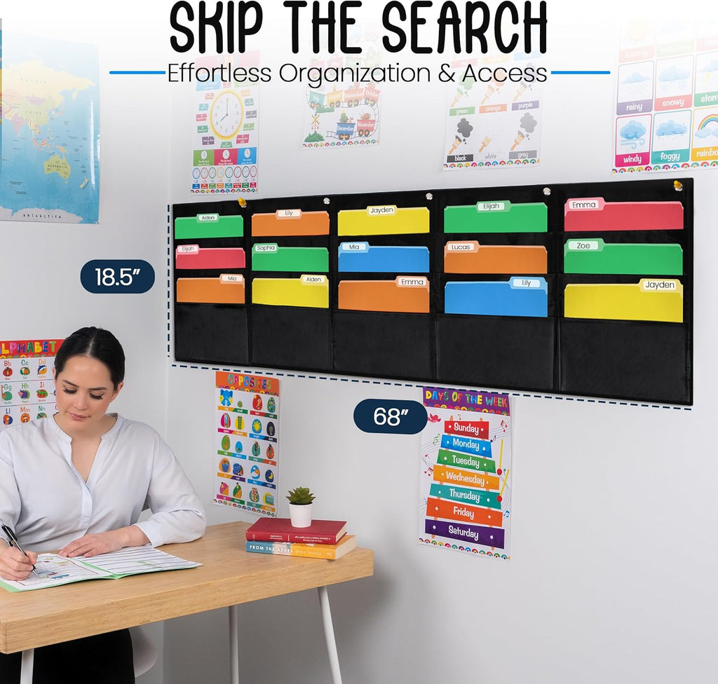 Essex Wares - 15 Pocket Horizontal File Hanging Paper Organizer for Letter Documents, Black, 68.4" Wide x 18.6" - Hanging Pocket File Organizer - Black Pocket Chart for Classroom & Office - 15 Pockets