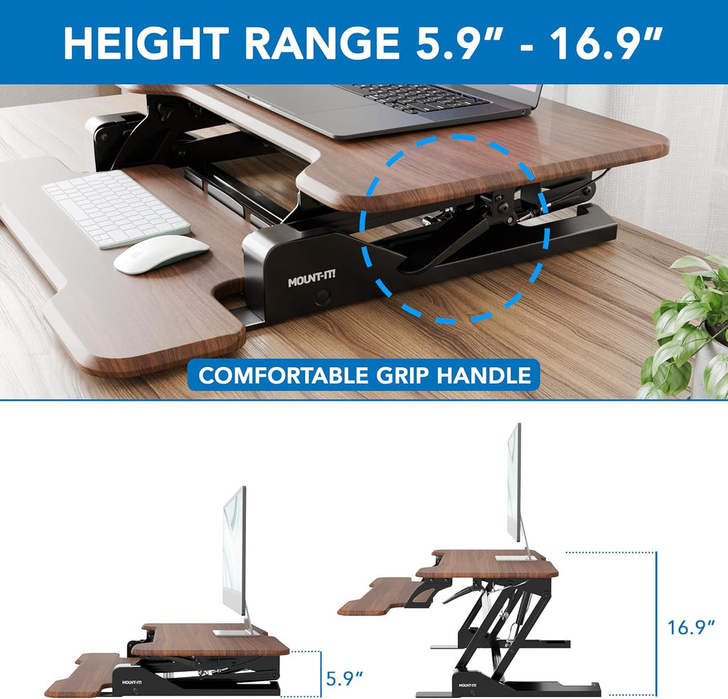 Mount-It! Height Adjustable Standing Desk Converter, Compact 30” Wide Tabletop Standing Desk Riser with Gas Spring, Desktop Stand Up Workstation with Keyboard Tray Fits Monitor or Laptop, Dark Walnut