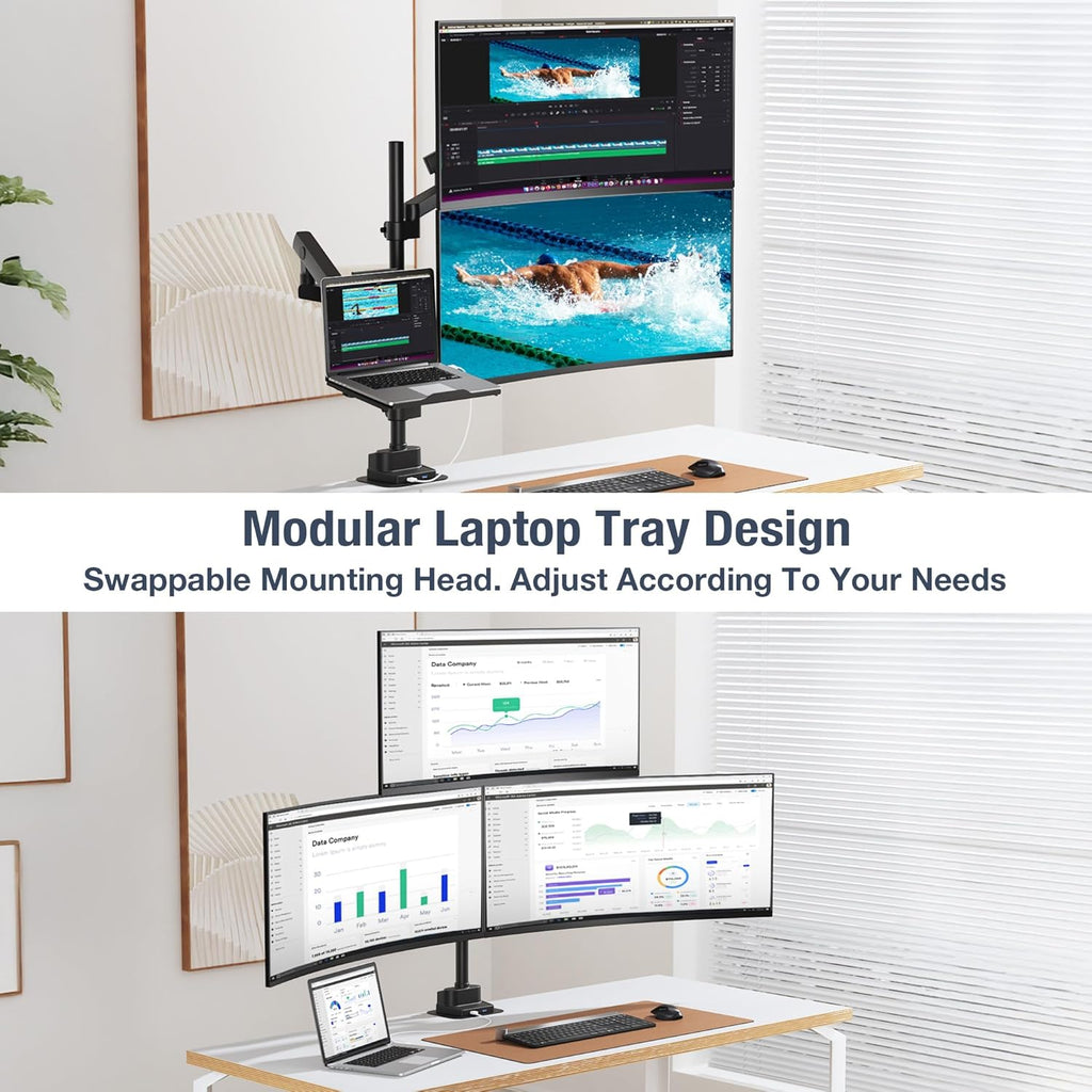 AVLT Laptop & Dual 40 Inch Stacking Monitor Arm Pole Top Mount with USB-C USB-A Ports-Black, Supports 26.4 lbs (12kg), Ultrawide Screen Fit, VESA Compatible, Multi-Screen, Ergonomic Workspace Upgrade