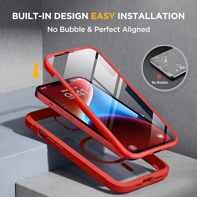Miracase Magnetic for iPhone 14 Case 6.1", [Built-in Tempered Glass Screen Protector + Lens Protector] [Compatible with MagSafe] Full-Body Protective Bumper 14 Phone Cover, Red