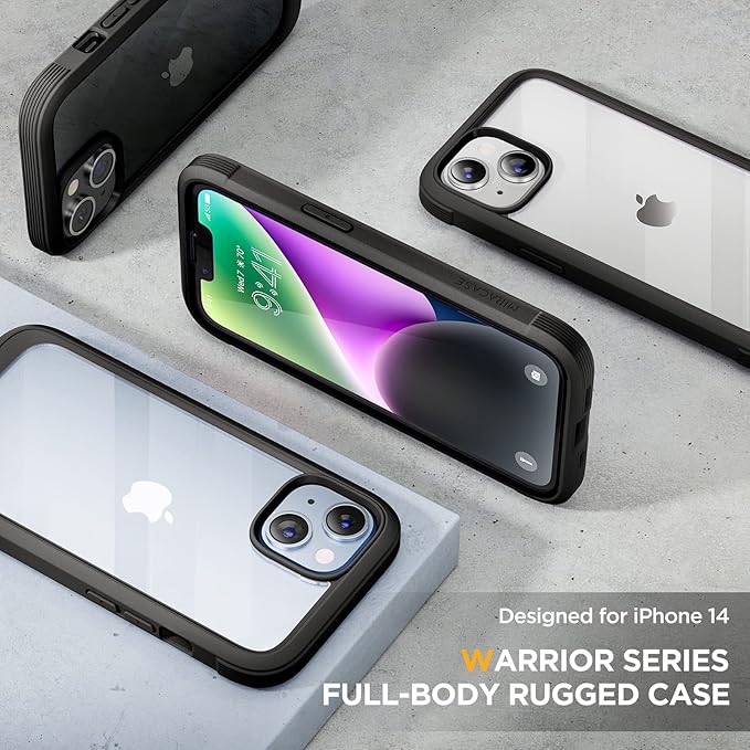 Miracase Glass Series Designed for iPhone 14 Plus Case 6.7 inch, 2023 Upgrade Full-Body Clear Bumper Case with Built-in 9H Tempered Glass Screen Protector and Camera Lens Protector,Black