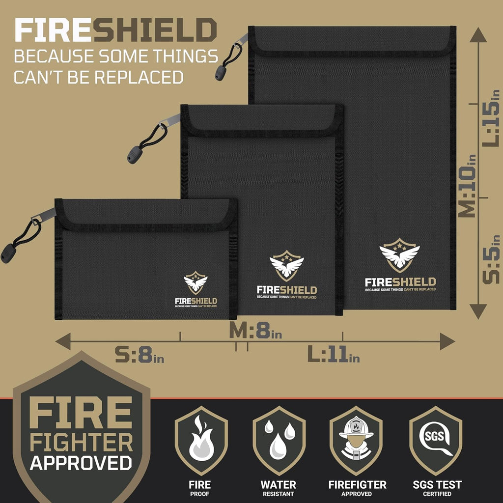 FIRESHIELD PRO Upgraded 2000°F Fireproof Document Bag 3-Pack – Fire & Water Resistant Money Pouch for Cash – Safe Storage for Family Photos, Jewelry, Passport & Important Documents – Size: S, M & L