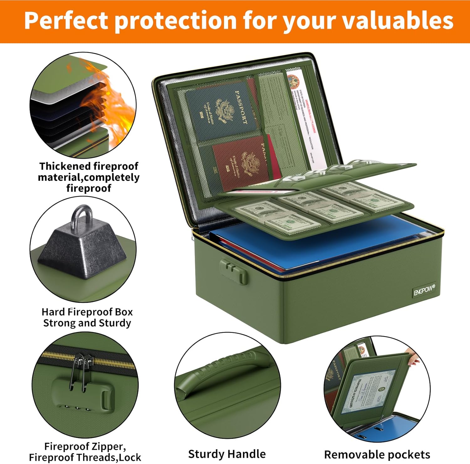 ENGPOW Fireproof Document Box, Hard Fireproof Box with Fireproof Zipper＆Lock, 6400°F Heat Insulated Fireproof Water Resistant File Organizer Storage Box Safe for Important Documents,Valuable,Green