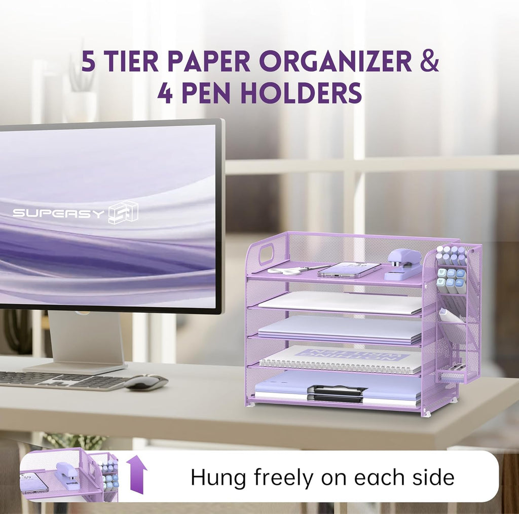 SUPEASY 5 Tier Desk Organizer with Handle & Removable Pen Holders, Mesh Paper/File Organizer for Desk, Paper Letter Tray Organizer for Office Supplies (Purple)