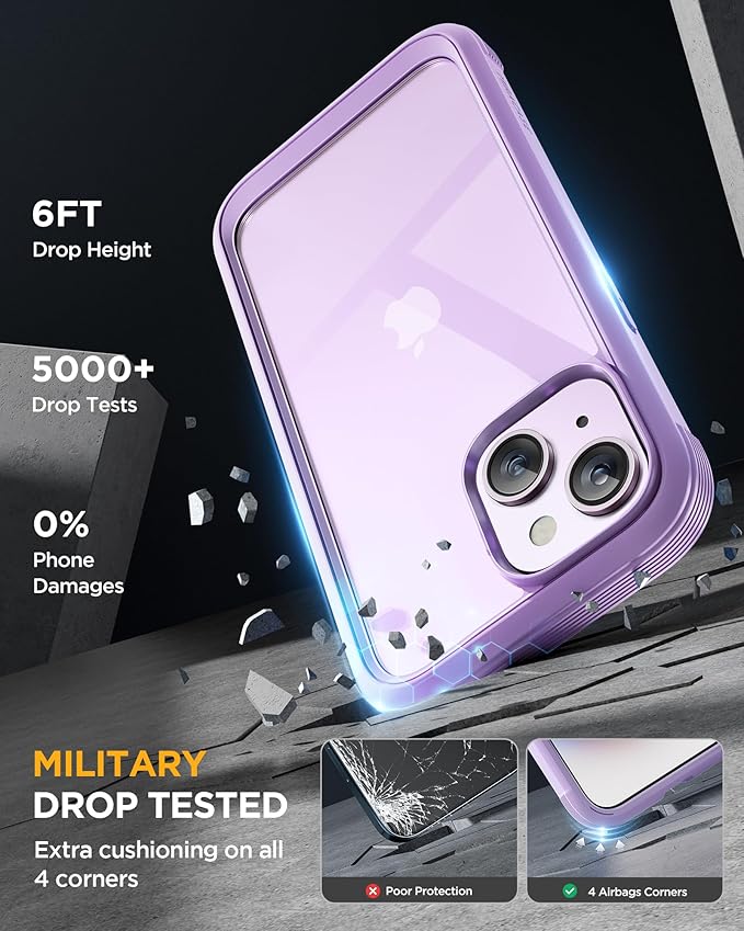 Miracase Glass Series Designed for iPhone 14 Plus Case 6.7 inch, 2023 Upgrade Full-Body Clear Bumper Phone Case with Built-in 9H Tempered Glass Screen Protector and Camera Lens Protector,Purple