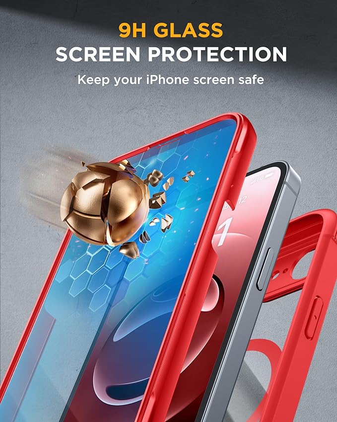 Miracase Magnetic for iPhone 16e Case Full-Body Phone with Built-in Glass Screen Protector, [Compatible with MagSafe] Military Drop Proof 16E Cover Bumper 6.1 inch, Red