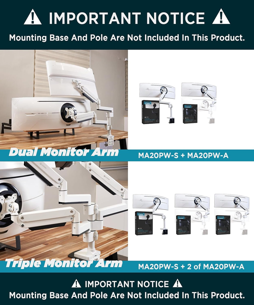 Heavy Duty Extension Arm [Accessory Only - Requires MA20PW-S Single Monitor Arm for Use] Dual 49" Vertical Stacked Monitor Mount Height Adjustable - 100x100 VESA Mount, White, MA20PW-A