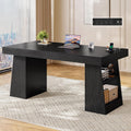 55.9 in Executive Desk with Power Outlets, Modern Home Office Desk with Storage Shelves, Wood Computer Desk Business Workstation Desk Conference Table, Black (Storage Shelves)