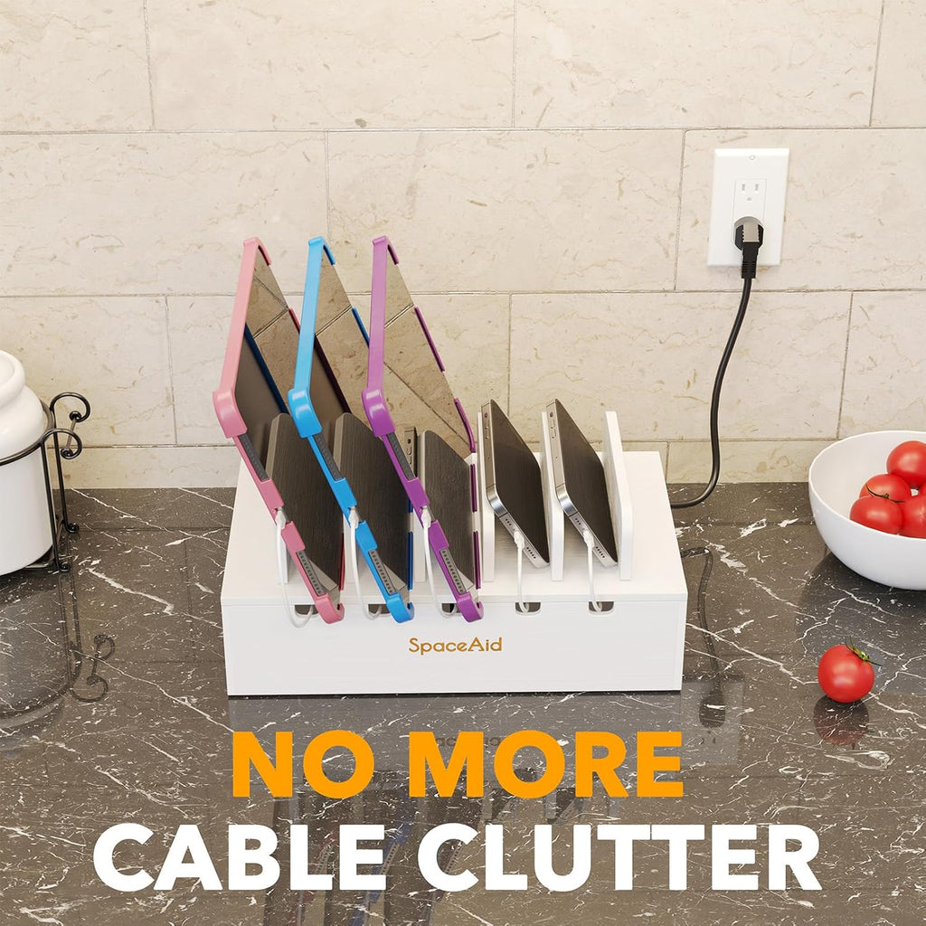 SpaceAid Bamboo Charging Station for Multiple Devices, Cell Phone Docking Stations for Multi Laptop, Tablets and iPads, Nightstand Bedside Desk Device Charger Organizer (White)