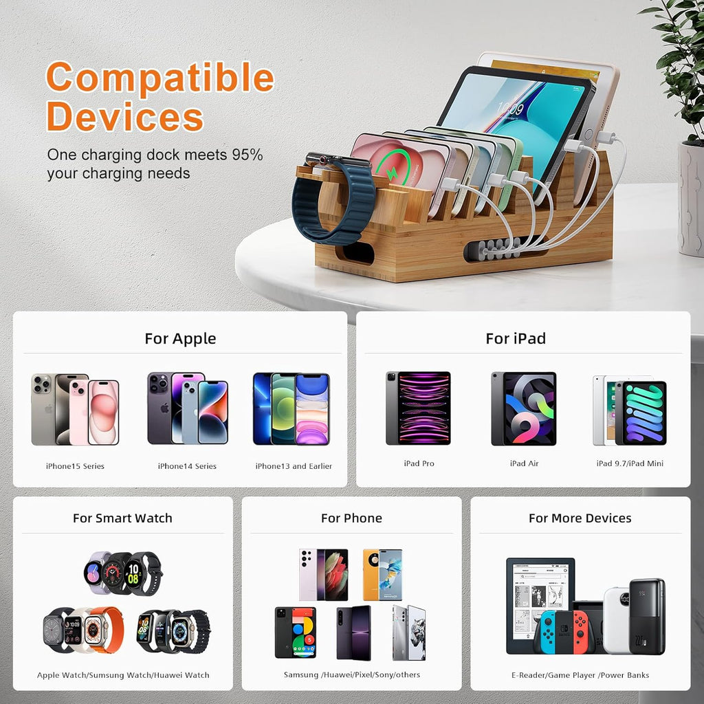 Pezin & Hulin Bamboo Charging Station Holder with 5 Port USB Charger, 5 x Charge Cables, Watch Stand, Wood Docking Stand Electronic Organizer for Multiple Devices, Phones, Tablets and More